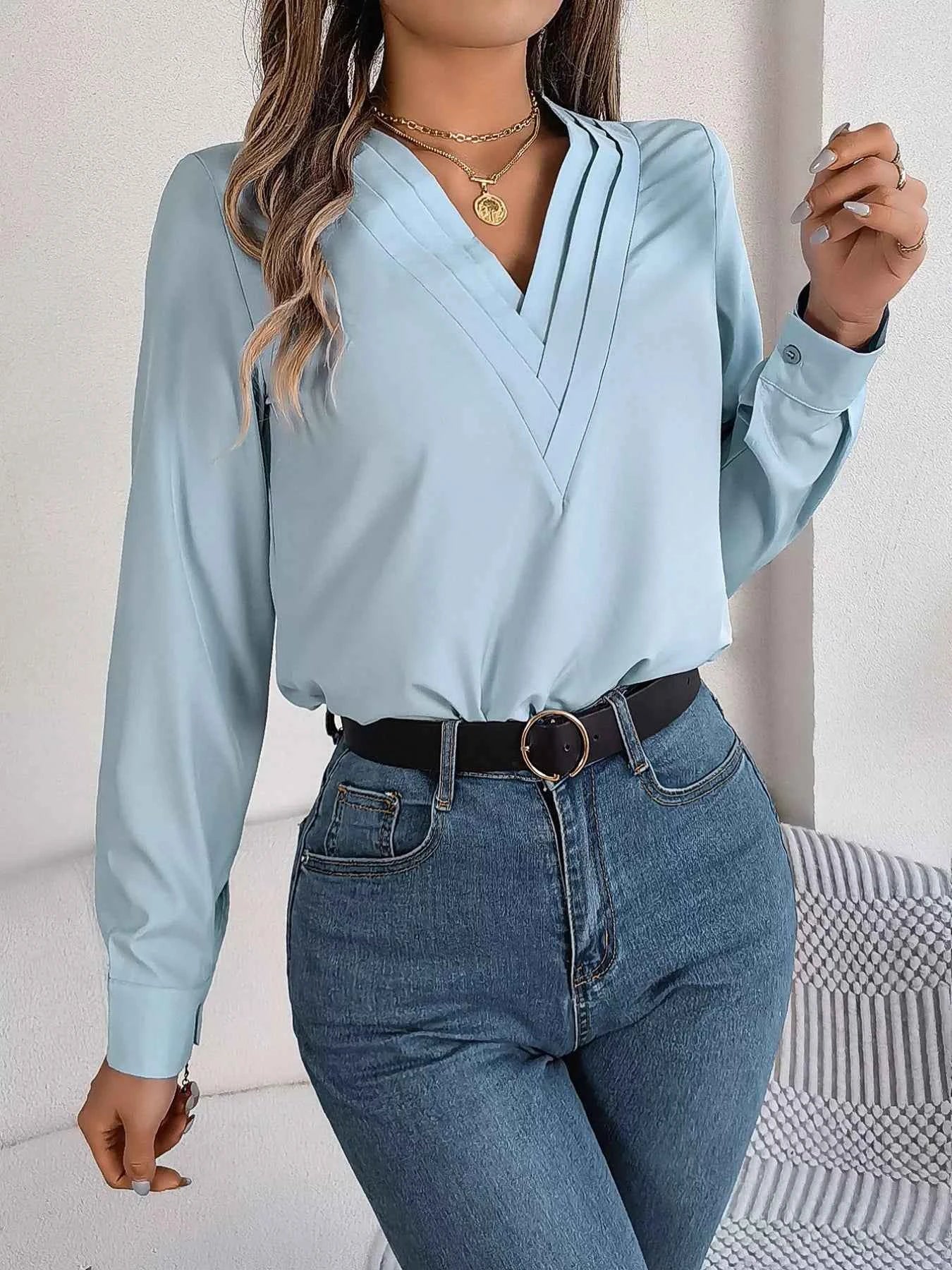 Layered V-Neck Long Sleeve Blouse Light Blue 0f61e535-ed21-4d41-bd5c-698fbeddae73-Max-Origin