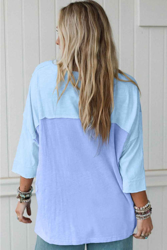 Light Blue Flower Patched Exposed Seam 3/4 Sleeve top 0f6c01a7a0342913