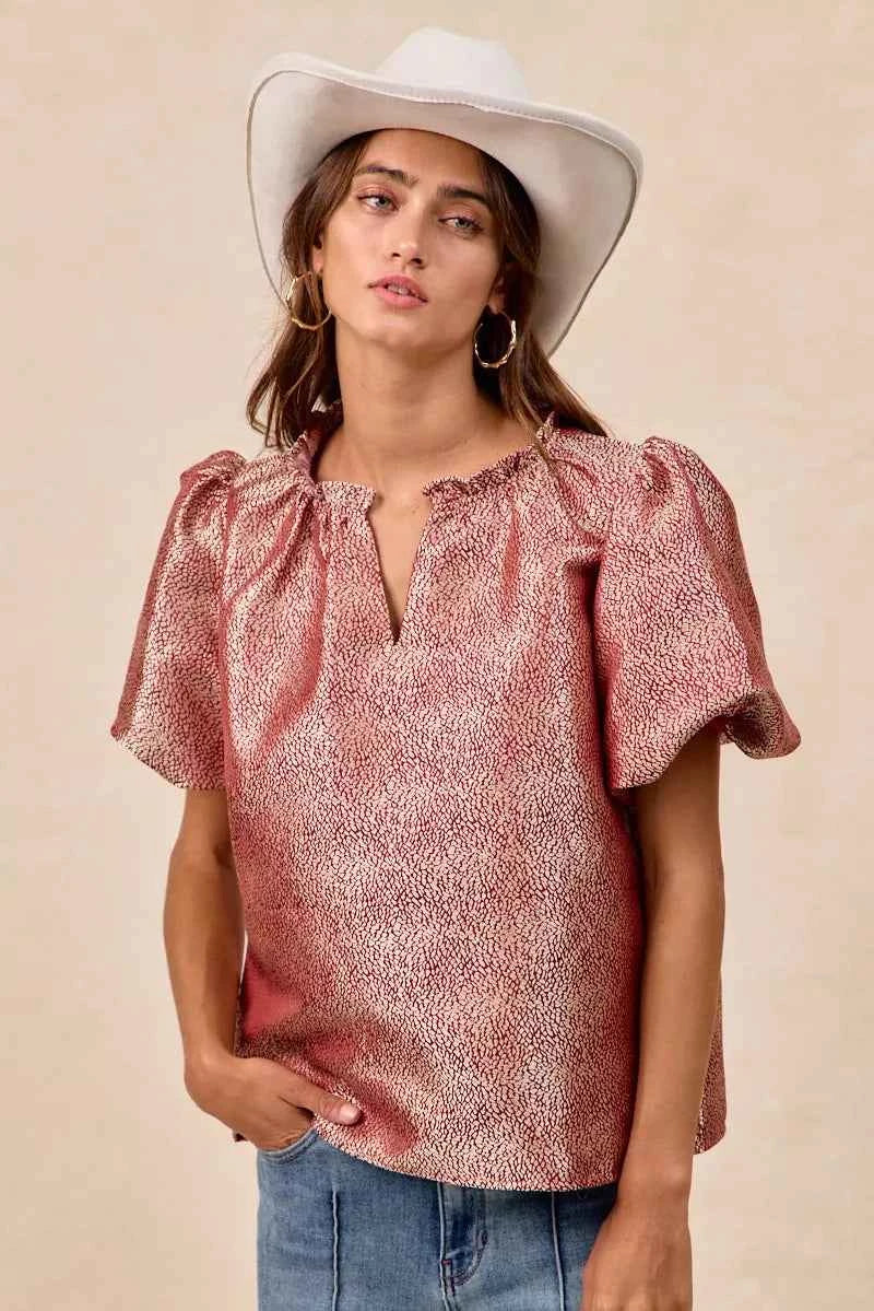 BiBi Jacquard Woven Short Balloon Sleeves V Neck Top 0f6ea7c84fce47869466e1ec6f8d8cae-Max-Origin