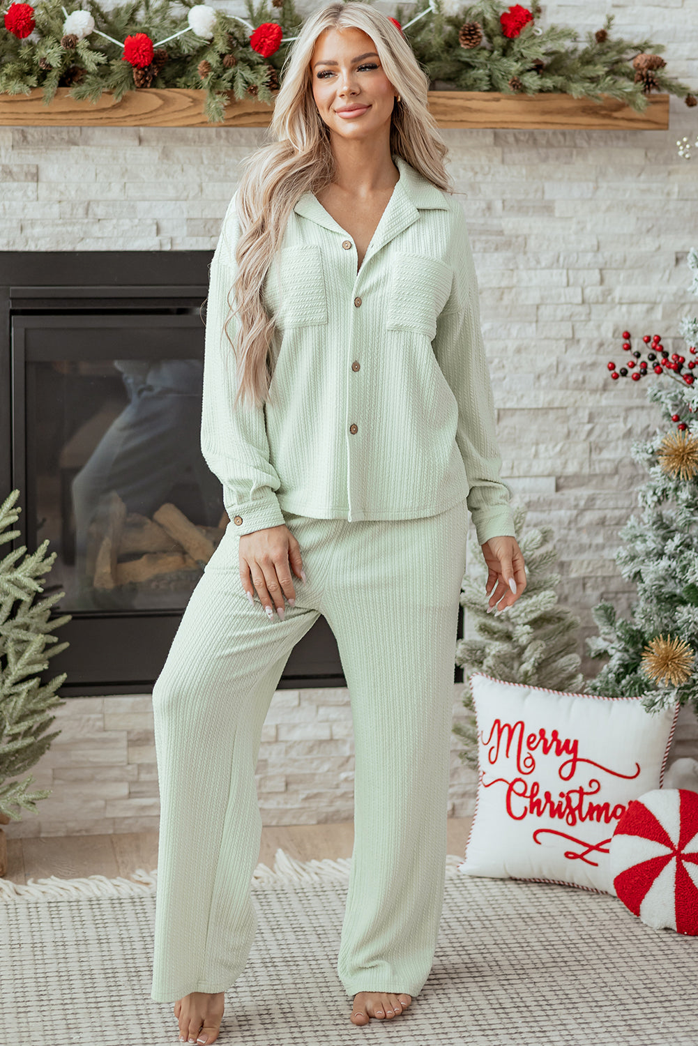 Clearly Aqua Textured Patched Chest Pocket Shirt and Pants Set Clearly Aqua 95%Polyester+5%Elastane 0f719d2a3aec5be5