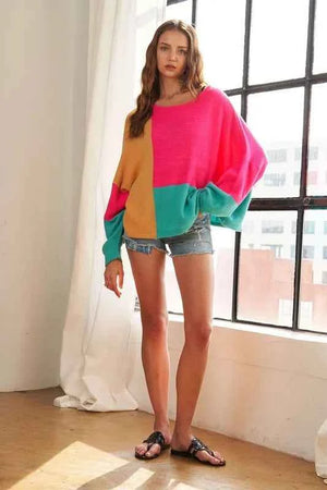 ADORA Loose Fit Colorblock Sweater CAMEL HOT PINK JADE 0f72f3380485445fa411d0540c8d21aa-Max-Origin