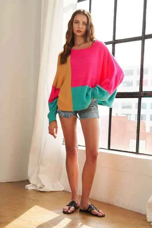 ADORA Loose Fit Colorblock Sweater CAMEL HOT PINK JADE 0f72f3380485445fa411d0540c8d21aa-Max-Origin