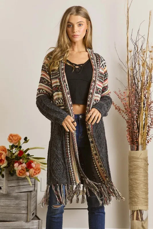 ADORA Full Size Fringe Hem Aztec Cardigan Plus Size