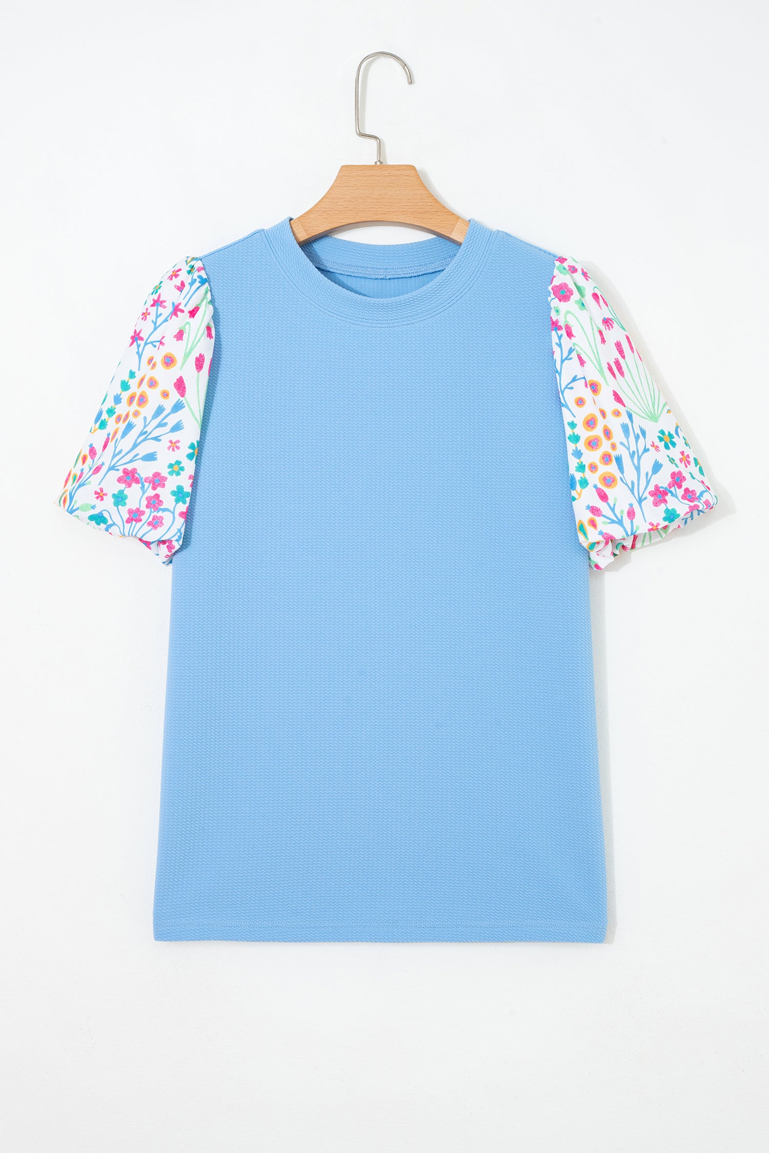 Light Blue Round Neck Textured Contrast Floral Bubble Sleeve Blouse 0f797cb41a488a6c