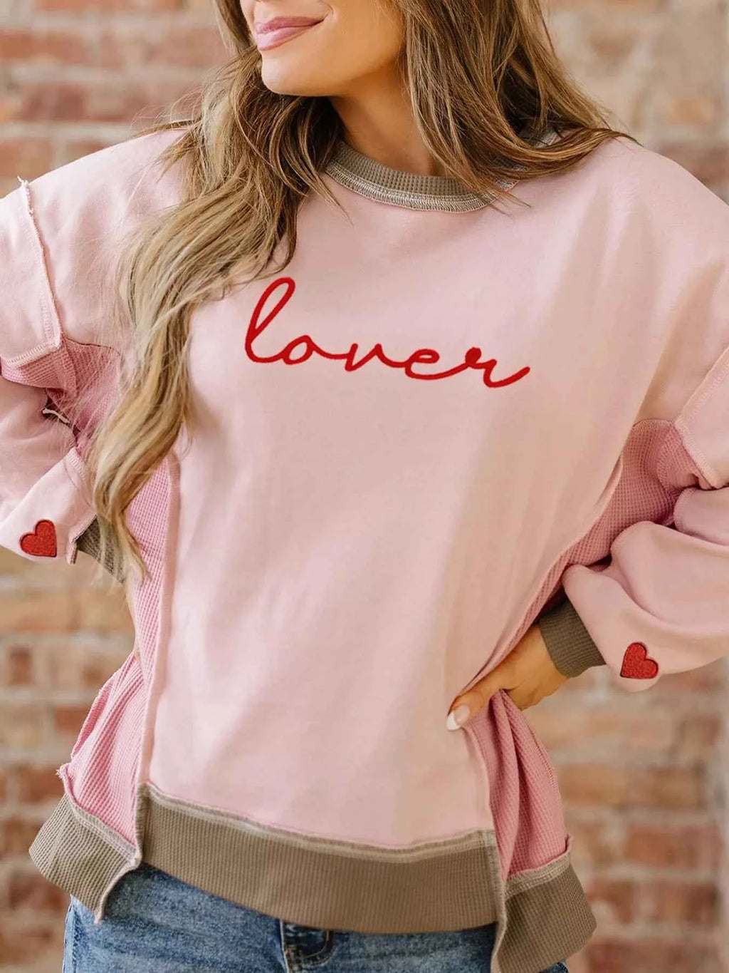 Color Block Patchwork Lovers Embroidered Letter Sweatshirt Blush Pink 0f828c03-ab67-4a41-928a-72676d0e7bfe-Max-Origin
