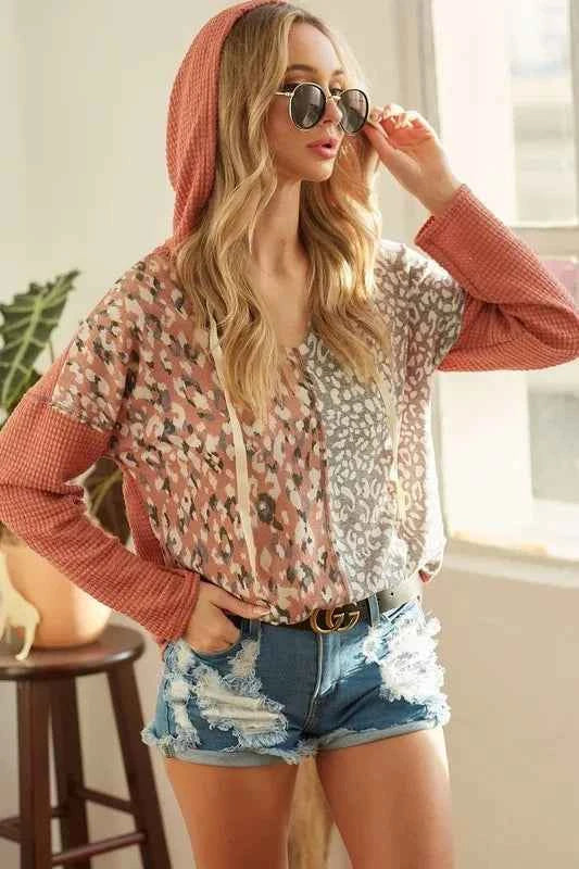 Popcorn Waffle Knit Hoodie with Print Block Front 0f8444db2f054420bf8494962f1255ed-Max-Origin