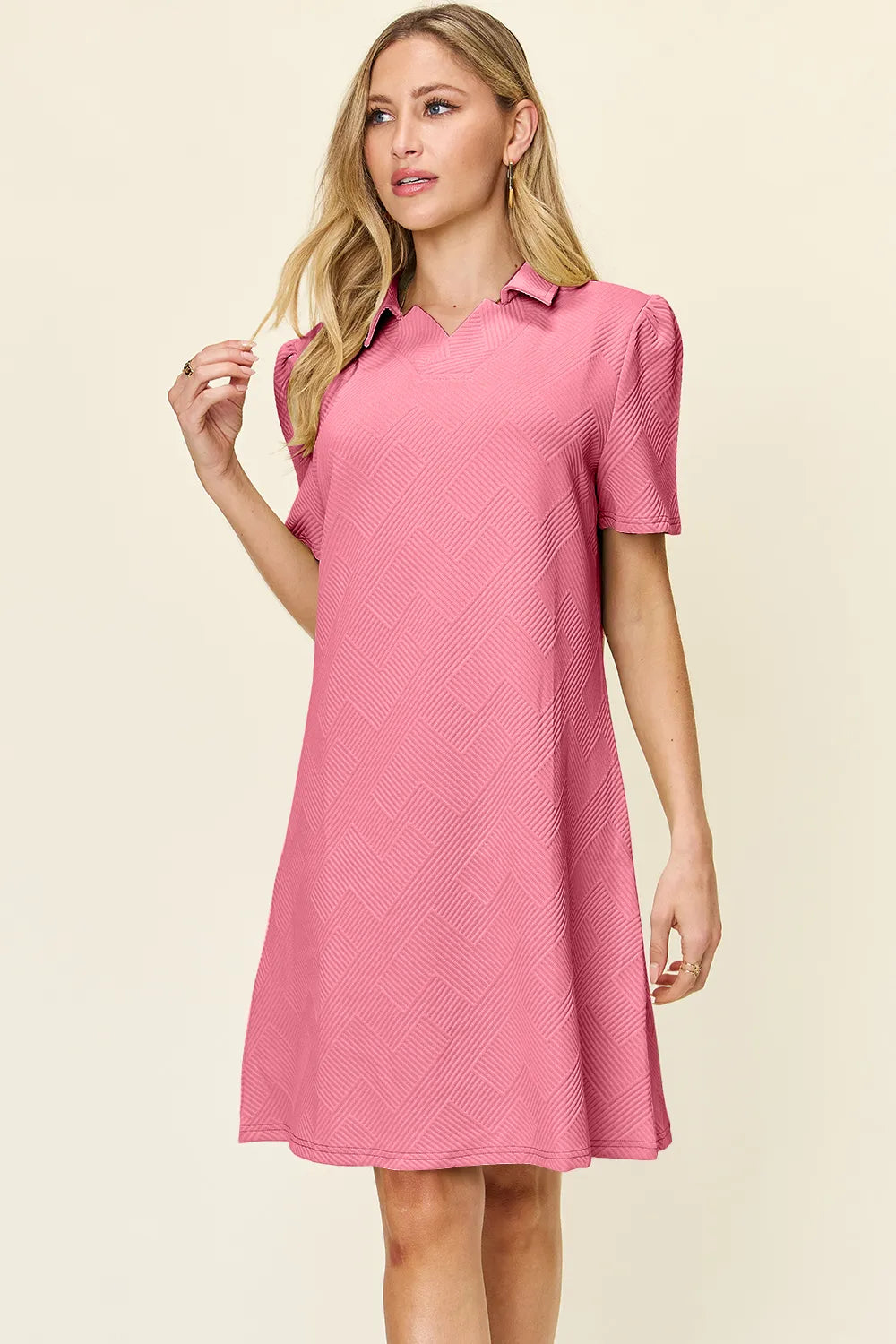Double Take Full Size Texture Collared Neck Short Sleeve Dress Pink 0f8490f5-cac4-4cd5-9a3c-7428f774ed72-Max