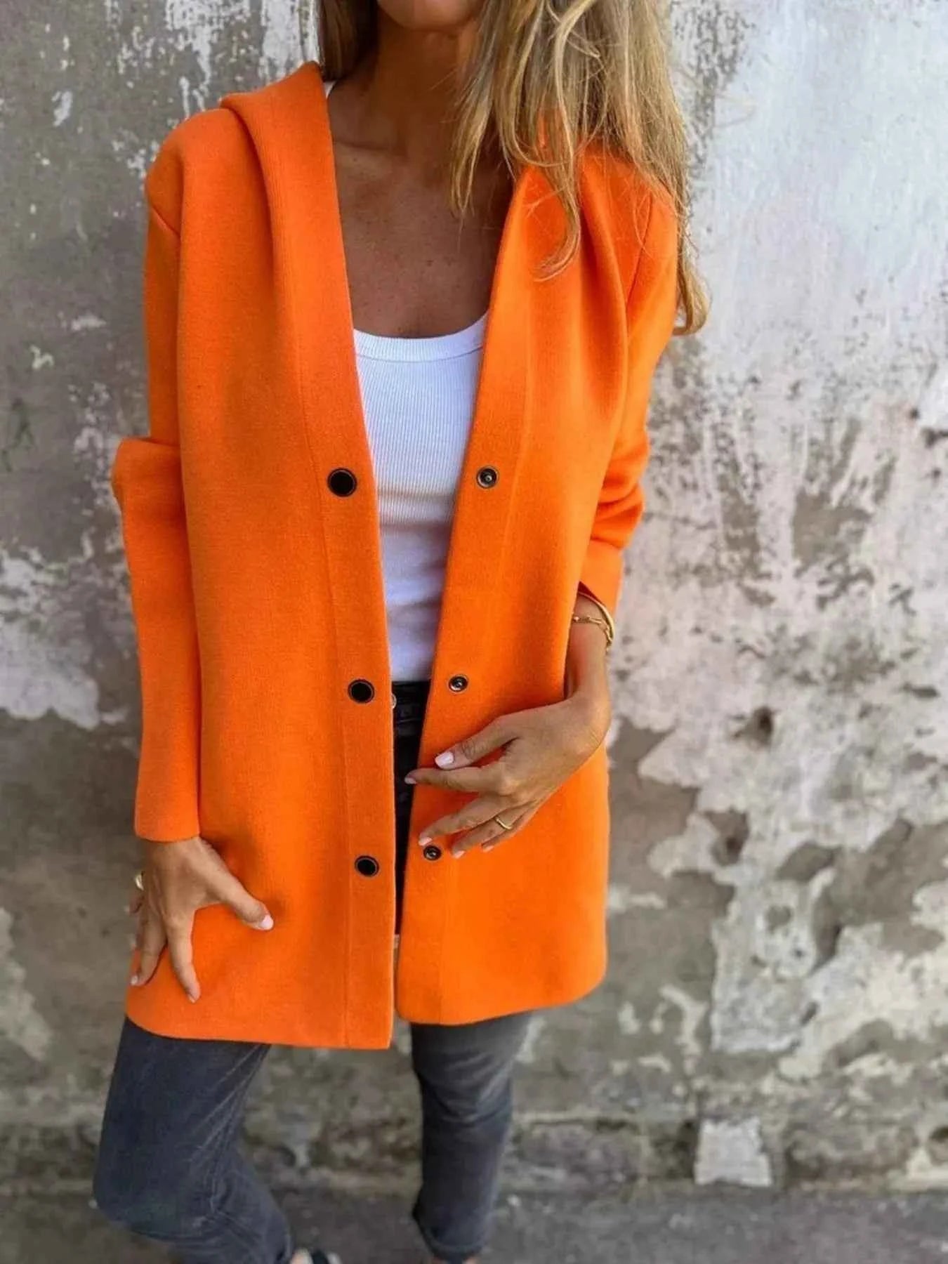 Full Size Snap Down Long Sleeve Hooded Outerwear Plus Size Orange 0f86727f377945d4b758433d09eda911-Max-Origin