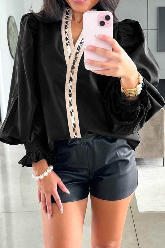 Black Smocked Puff Sleeve Leopard Trim V Neck Blouse Black 100%Cotton 0f868d0954a2f3df