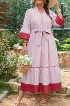 Red Stripe Plus Size Ruffled Hem Pinstriped Midi Dress Red Stripe 100%Polyester 0f880ec25064044f