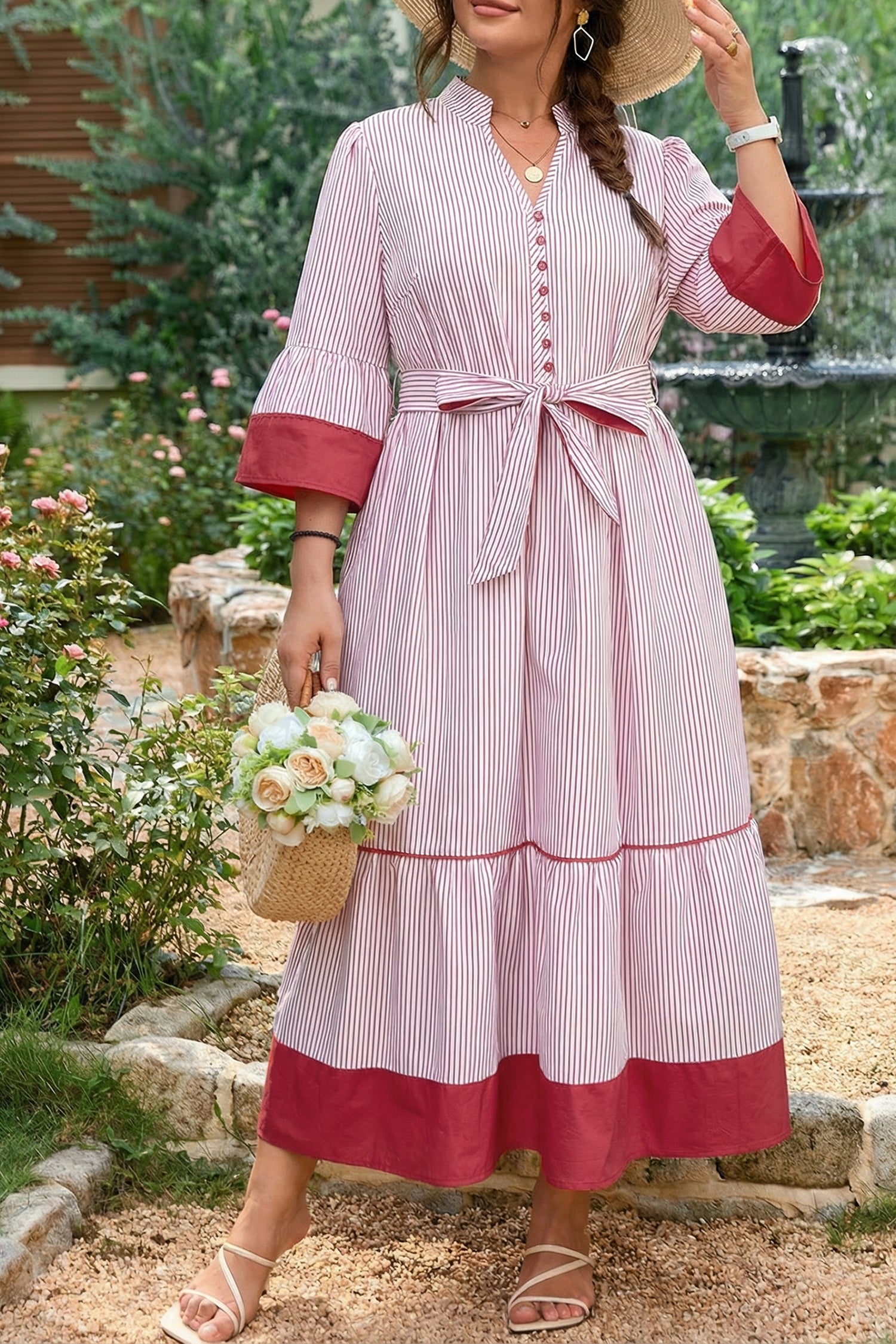 Red Stripe Plus Size Ruffled Hem Pinstriped Midi Dress Red Stripe 100%Polyester 0f880ec25064044f