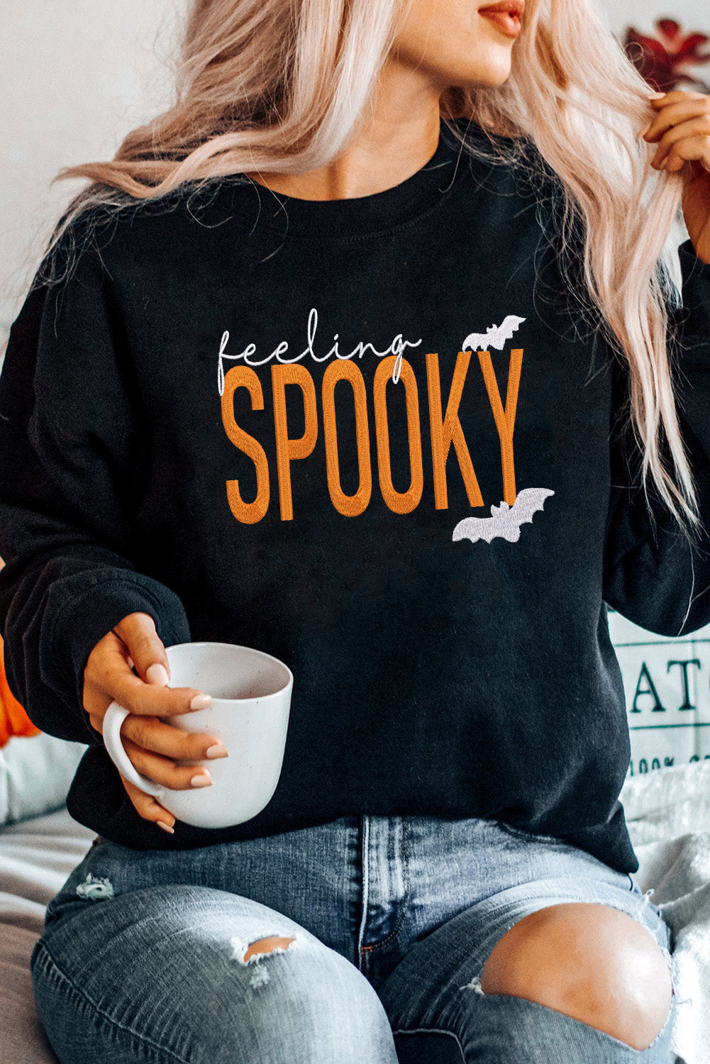 Black Feeling Spooky Halloween Embroidered Graphic Baggy Sweatshirt 0f8be4290b87c49c