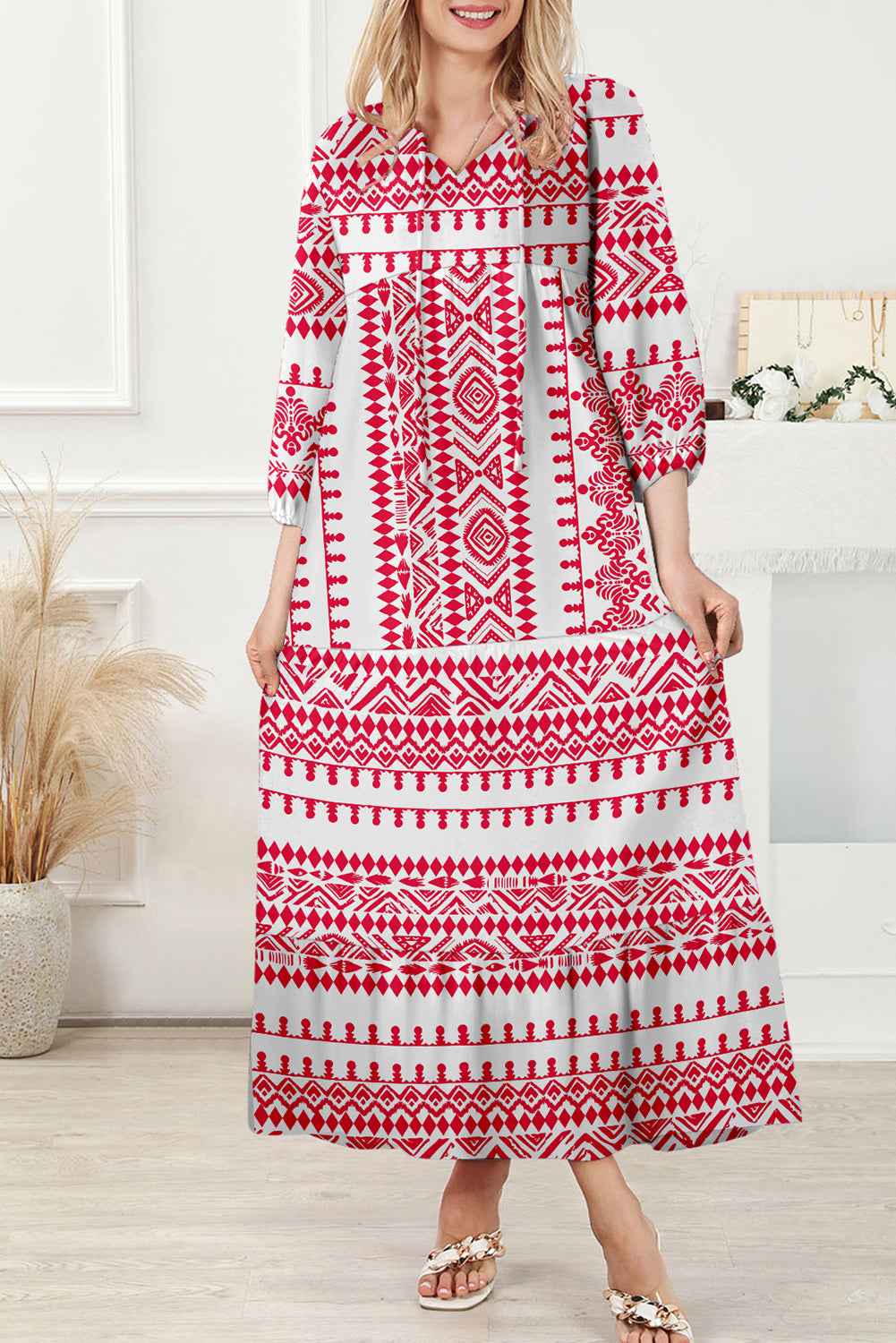 Red Boho Printed Half Sleeve Maxi Dress Red 100%Polyester 0f92a18be3b1c335