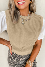 Light French Beige Round Neck Knit Contrast Short Sleeve Patchwork Sweater Top 0f957956251d59c7