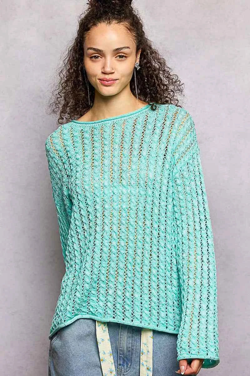 POL Openwork Round Neck Knit Top with Shiny Detail AQUA MINT 0f95fcc8-4944-4468-9c82-6de64e361a65-Max-Origin