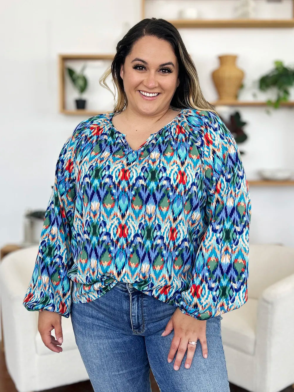 Double Take Full Size Printed Balloon Sleeve Blouse 0f9f753e-6081-4dae-9cc4-0134bac0998d-Max
