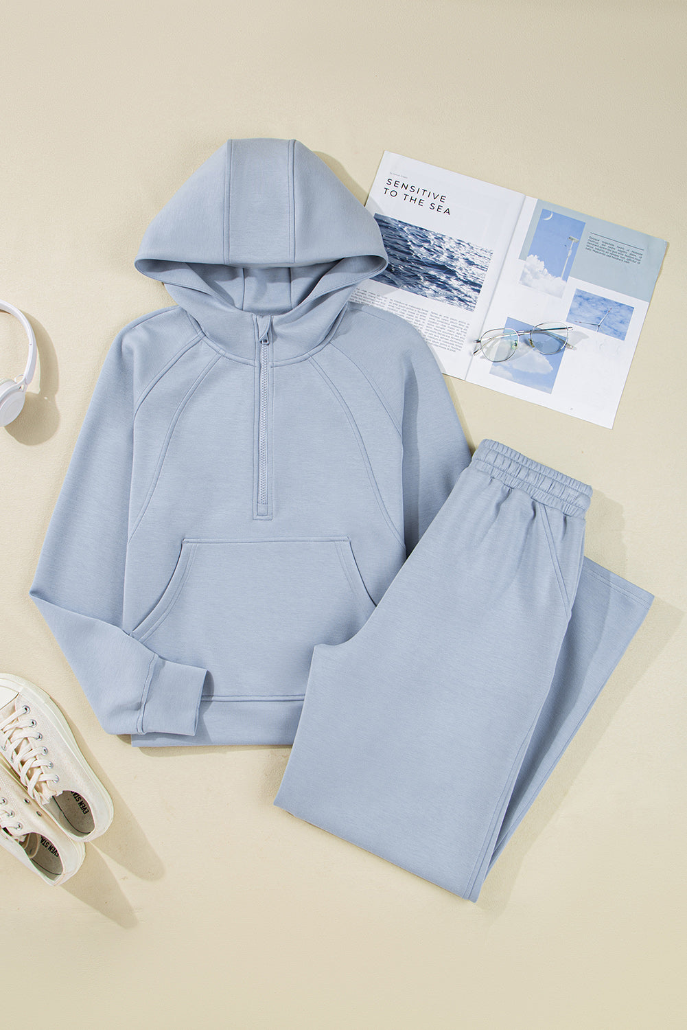 Beau Blue Half Zip Thumbhole Sleeve Hoodie Active Pants 2pcs Outfit 0fa36ea98d6a2d8f