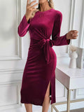 Velvet Slit Round Neck Long Sleeve Dress with Side Tie Detail Burgundy 0fa93a38d077469099a6b80ff48eabed-Max-Origin