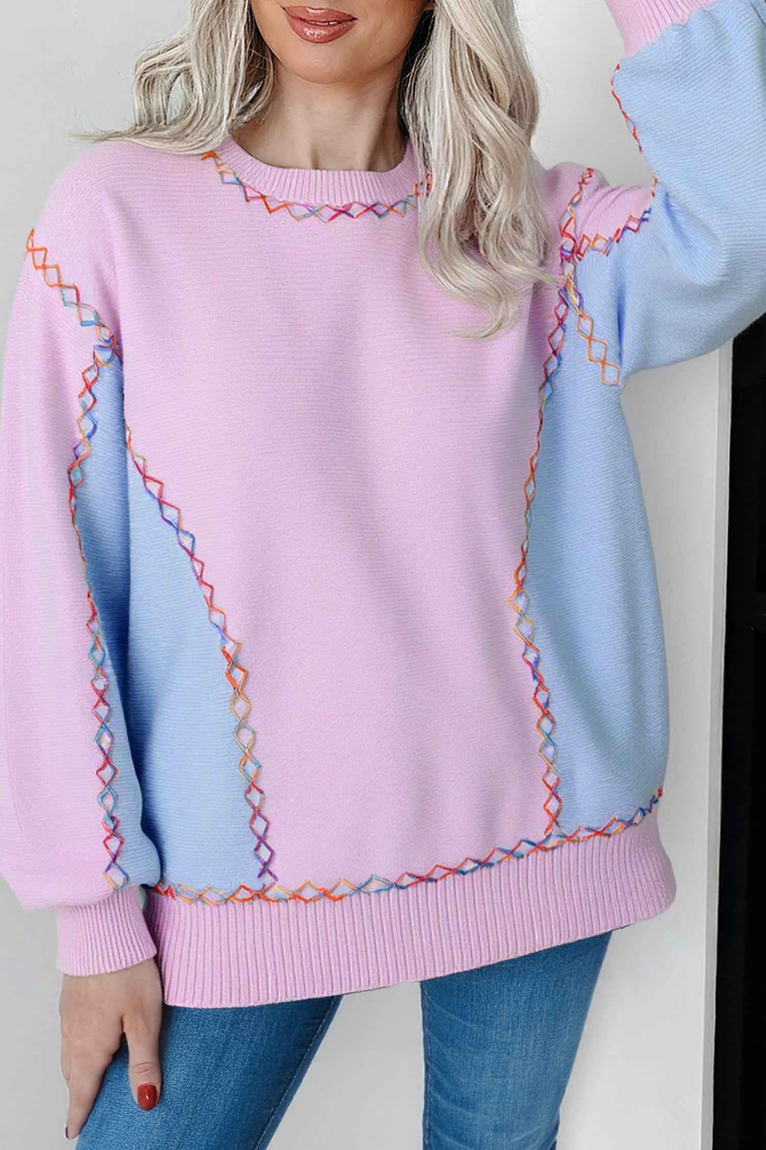 Orchid Bouquet Rainbow Stitching Balloon Sleeve Relaxed Sweater Orchid Bouquet 52%Viscose+26%Polyester+22%Polyamide 0fa9b244f8d06ebe