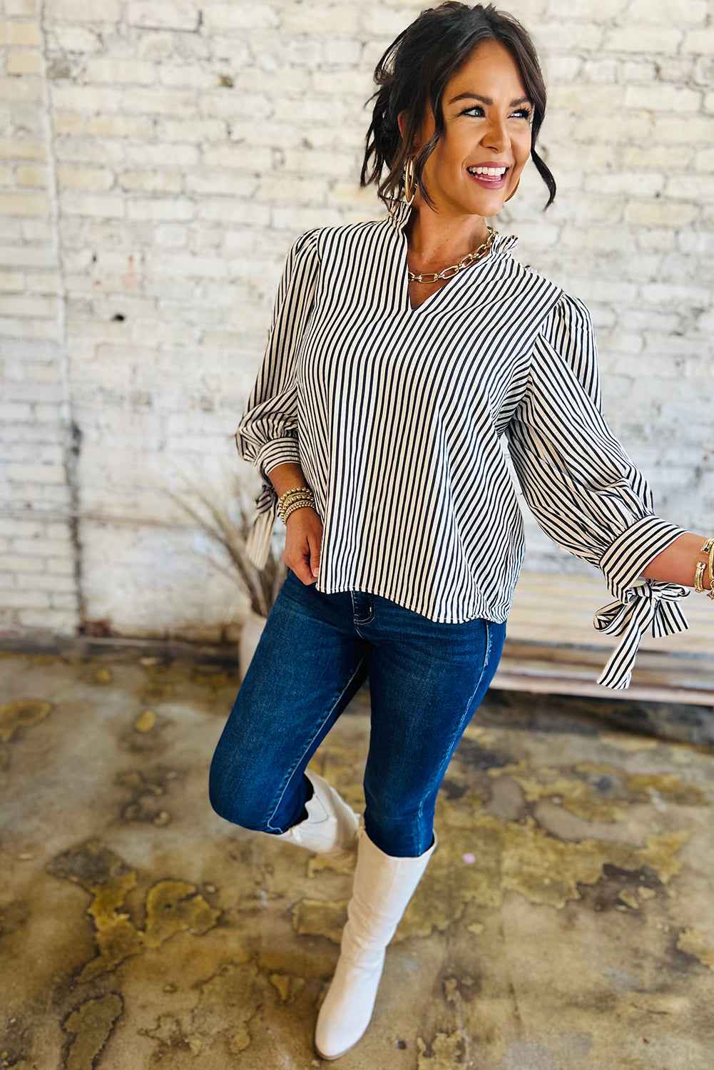 Black Stripe Frill V Neck Knot Cuffs Blouse 0faf0a7eba9e3af7