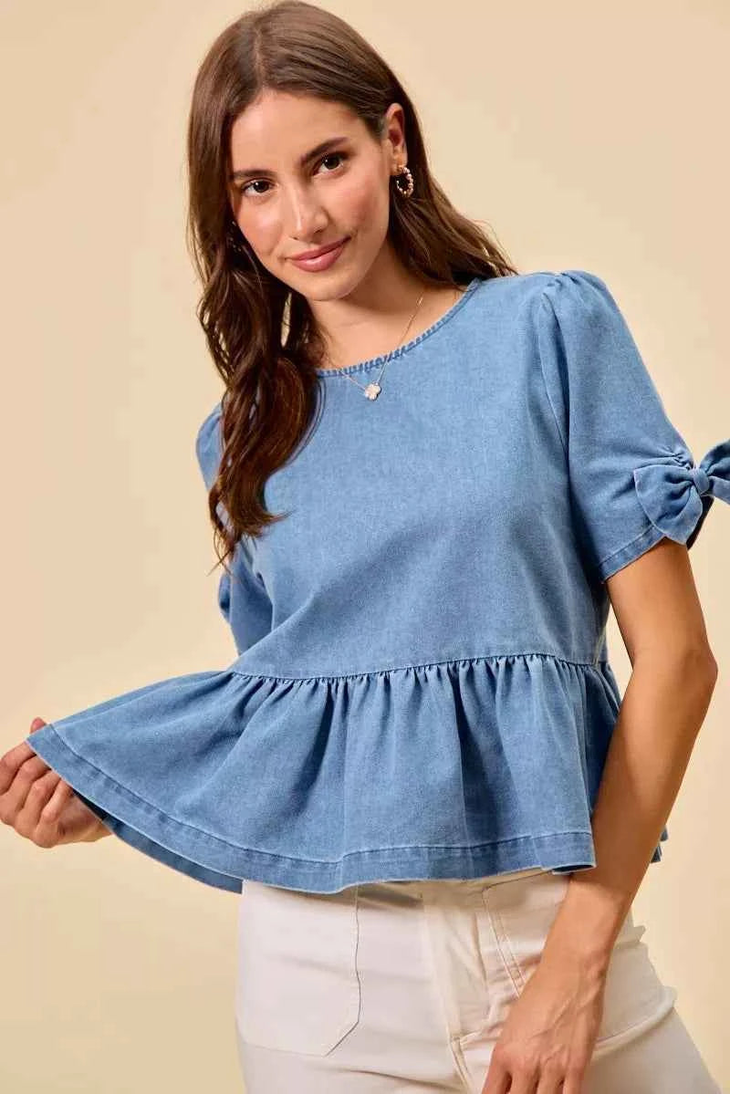 SO ME Denim Bow Detail Short Sleeves Peplum Top DENIM 0fb179c5acb14d3d92442d3cbc0a2e59-Max-Origin