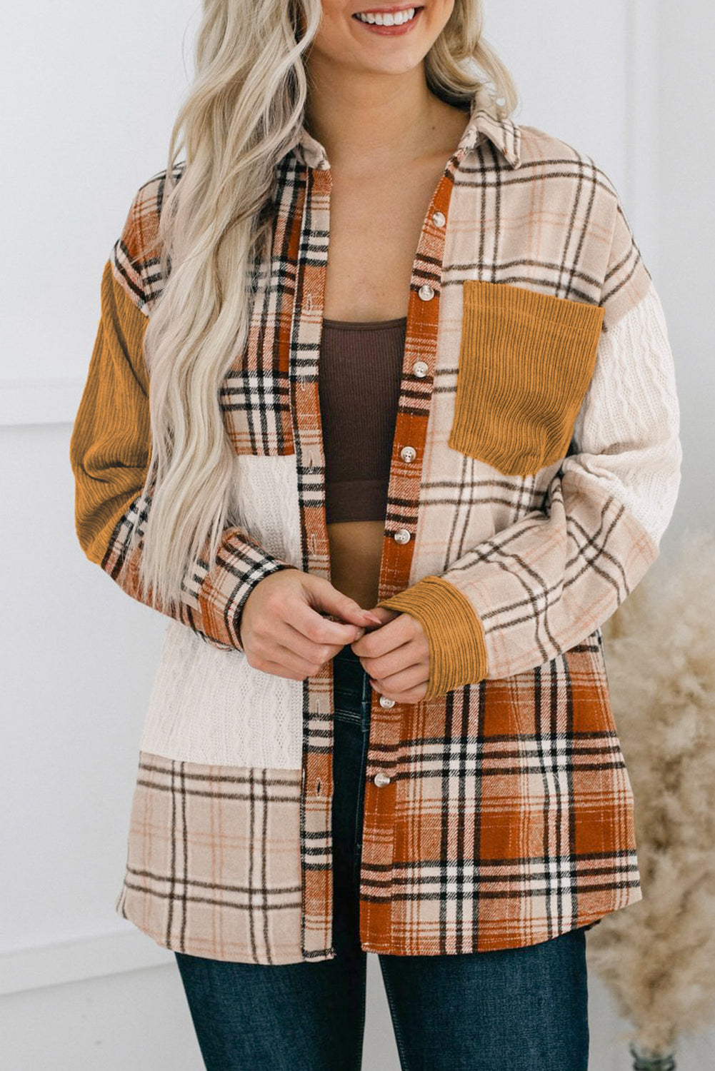Orange Plaid Color Block Patchwork Pocket Shirt Shacket 0fb4a0cd3d4c9712