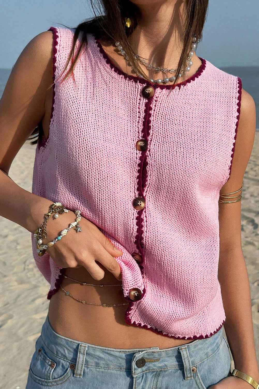 Pink Contrast Trim Buttoned Front Sweater Vest Pink 55%Acrylic+45%Cotton 0fbdbd03b54b0333