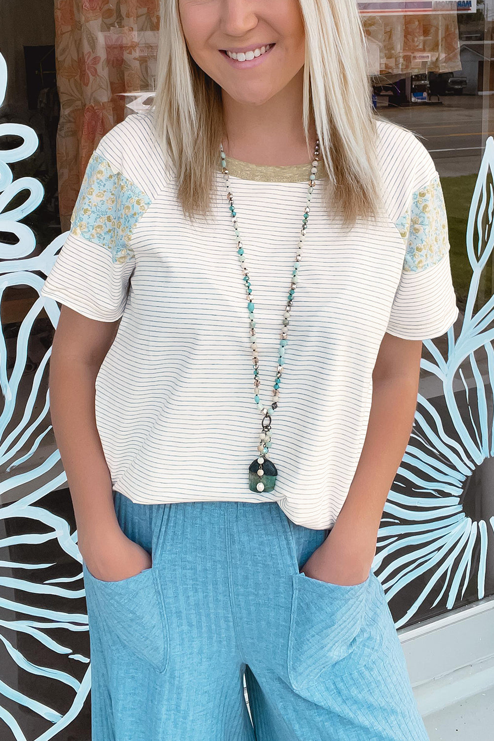 White Striped Floral Patchwork Sleeves Contrast Round Neck T Shirt 0fbdc45618b94c19