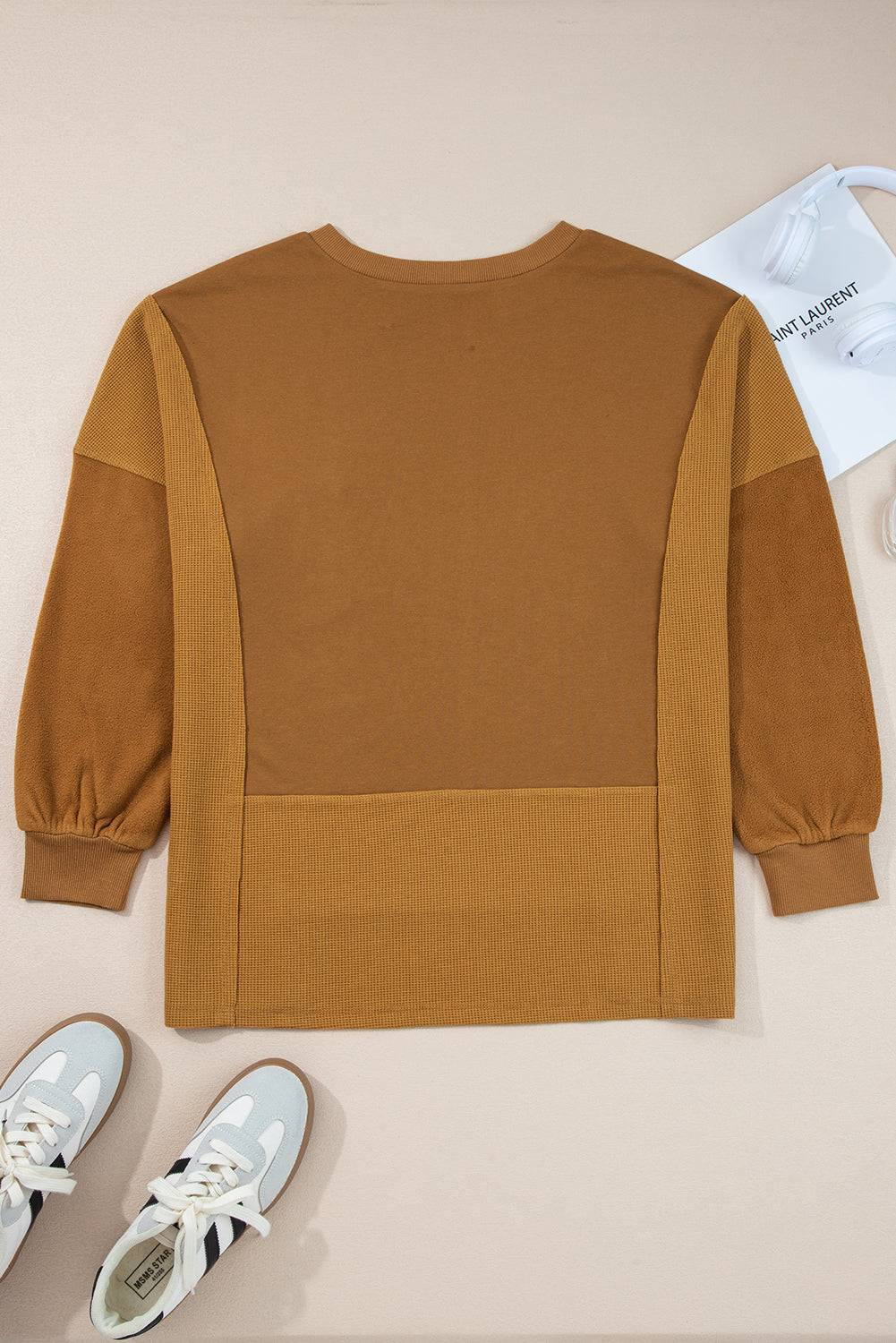 Multicolor Oversized Mixed Textured Split Neck High Low Patchwork Sweatshirt 0fbe3ed207e94511