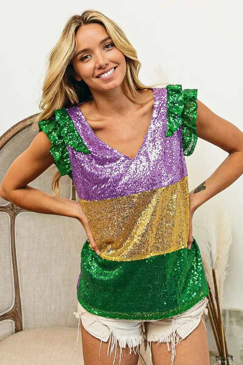 BiBi Mardi Gras Sequin Color Block Ruffled Top PURPLE MUSTARD GREEN 0fbf978e3d7f4259afaaf682108dcc5d-Max-Origin