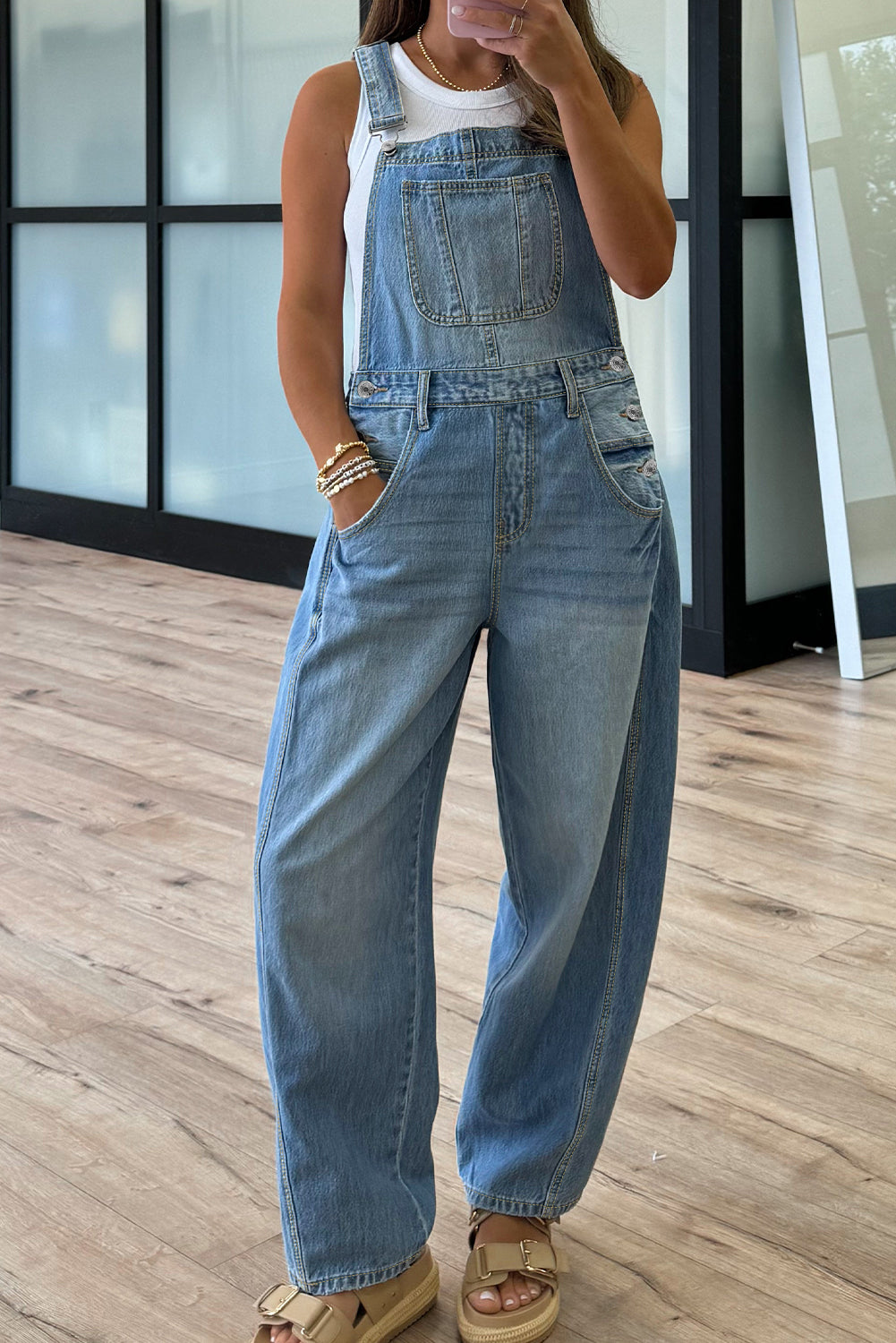 Dusk Blue Adjustable Buckle Straps Straight Leg Denim Overalls 0fbff0a9bbbac228