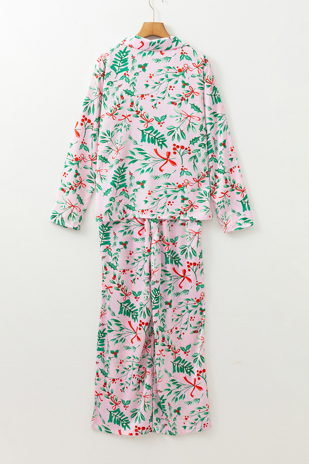 Pink Christmas Print Plush Edge Collar Shirt Pants Pajama Set 0fc1b71438231eee