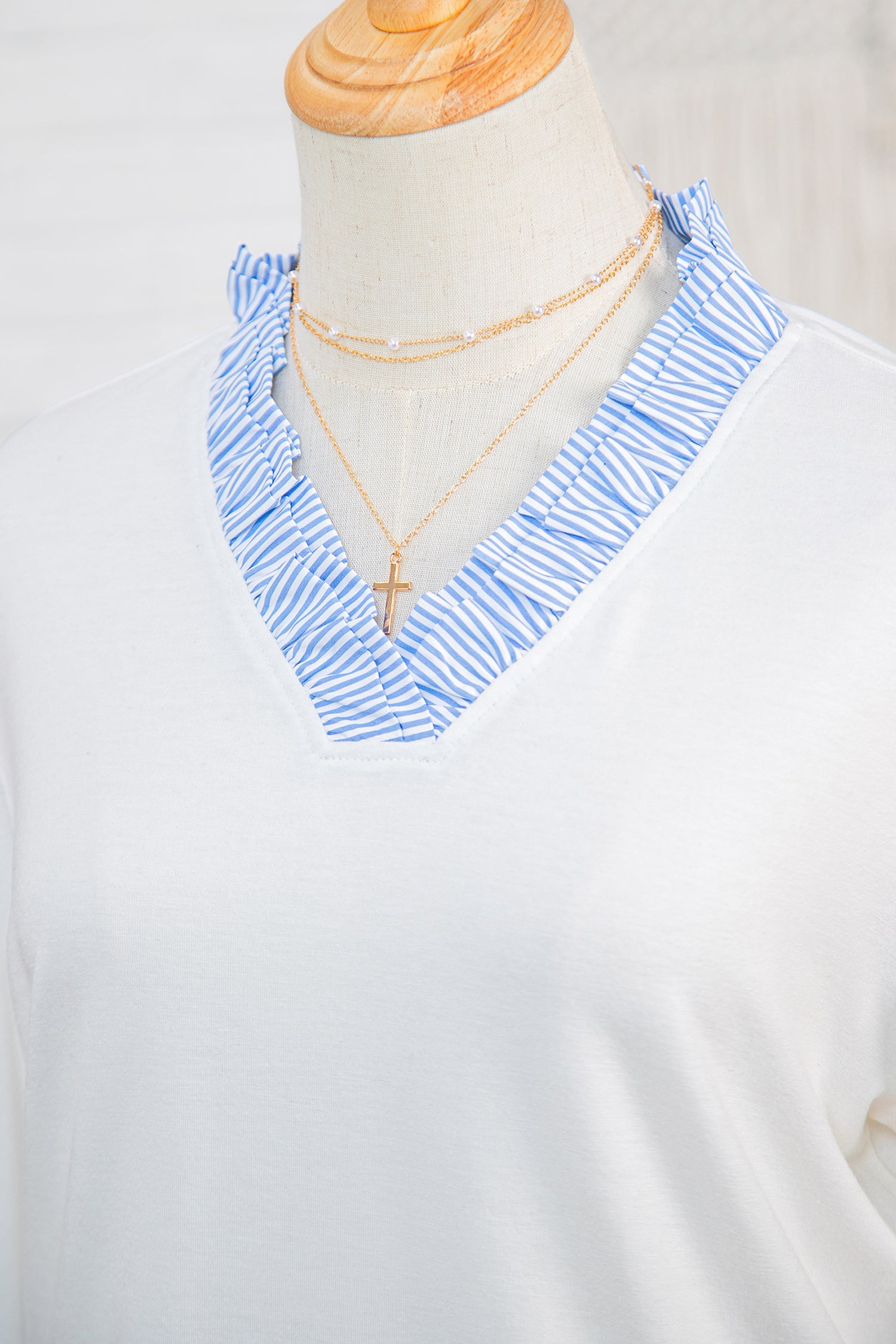 White Striped Patchwork V Neck 3/4 Sleeve Blouse 0fc49f49c8046367
