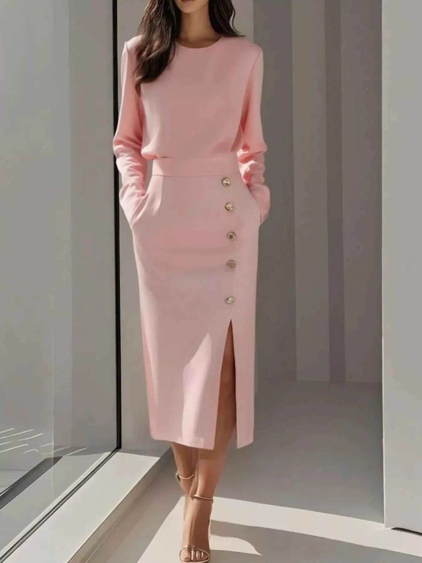 Long Sleeve Button Detail Midi Dress with Side Slit Pink 0fca647a-8664-45e3-b0ce-eb1b02d25657-Max-Origin
