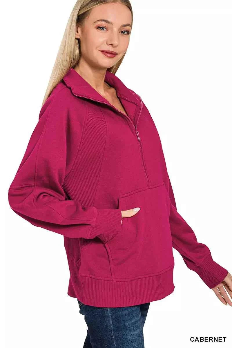 Zenana Half Zip Fleece Sweatshirt with kangaroo Pocket 0fcc40f6f09a4b9cb6f9297c18a62678-Max-Origin