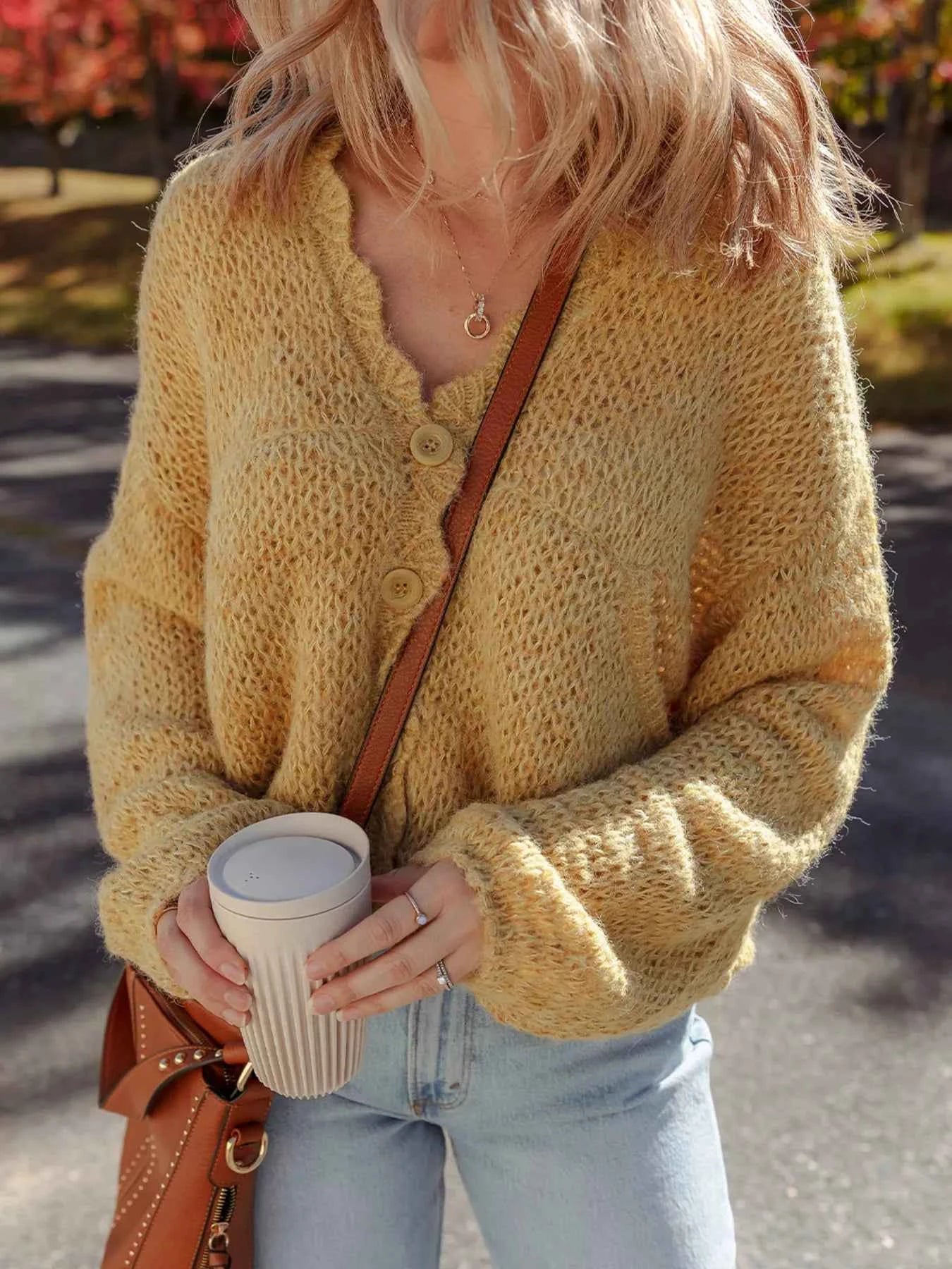 Lantern Sleeve Scallop V Neck Buttoned Front Cardigan 0fcdba45f8bf47ada99e7b659ec4caf3-Max-Origin