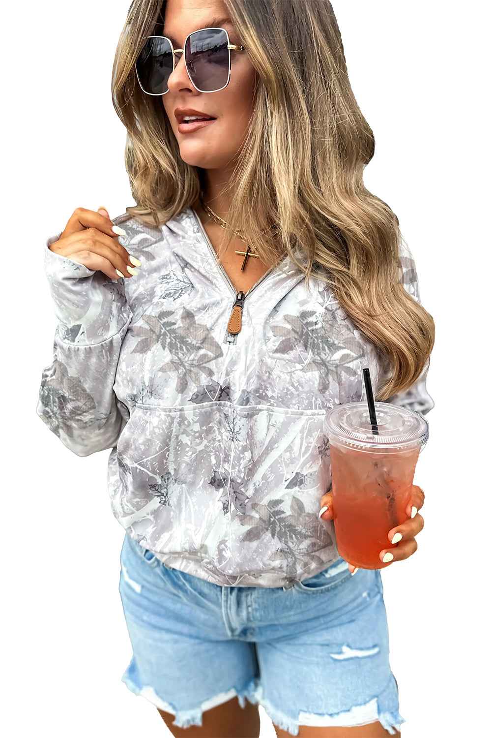 Gray Camo Leaf Print Kangaroo Pocket Quarter Zip Hoodie 0fcdbdf23281f7d1