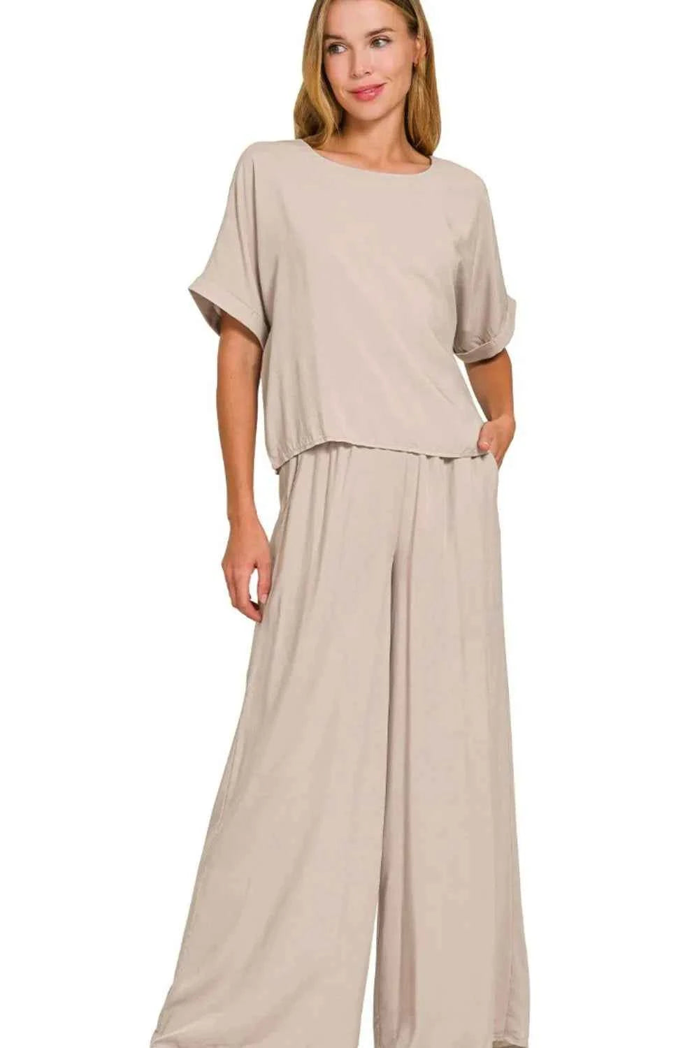 Zenana Round Neck T-Shirt and Wide Leg Pants Set ASH MOCHA 0fd33abc-92e5-47dd-b06f-f114901d2a8c-Max-Origin