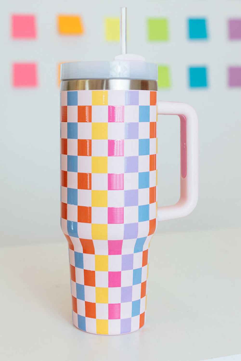 Red 40oz Colorful Checkered Print Handle Vacuum Tumbler Cup Red ONE SIZE 100%Alloy 0fd45ac44d2b2059