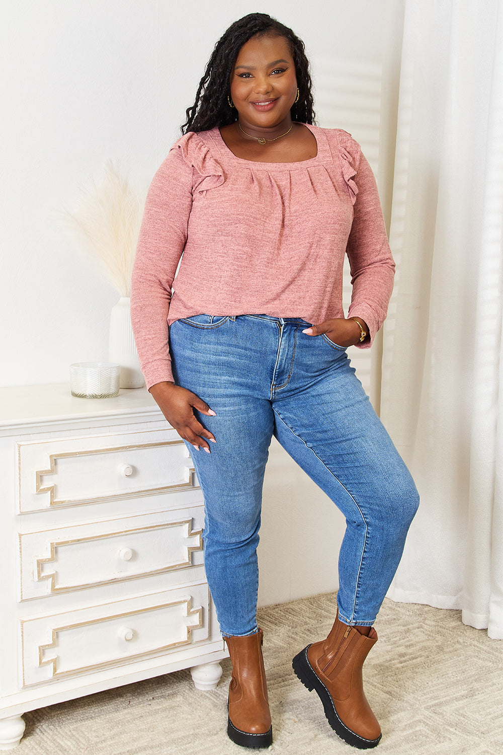 Double Take Square Neck Ruffle Shoulder Long Sleeve T-Shirt 0fd515e91aec425a9805c4bdf6158fd0-Max