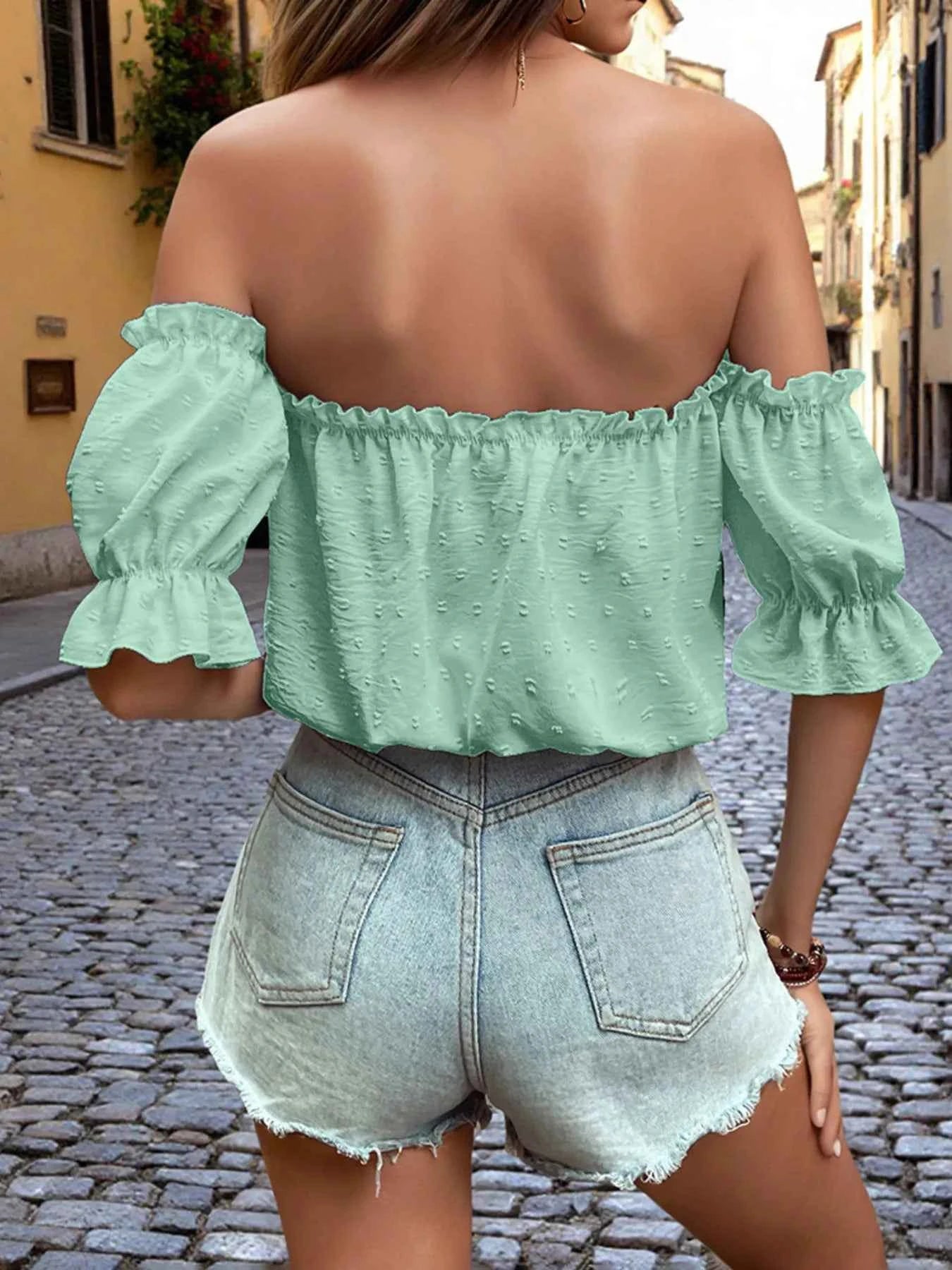 Off-Shoulder Swiss Dot Blouse with Tie Front Detail 0fd94f37657a4c1181f8279923943f37-Max-Origin