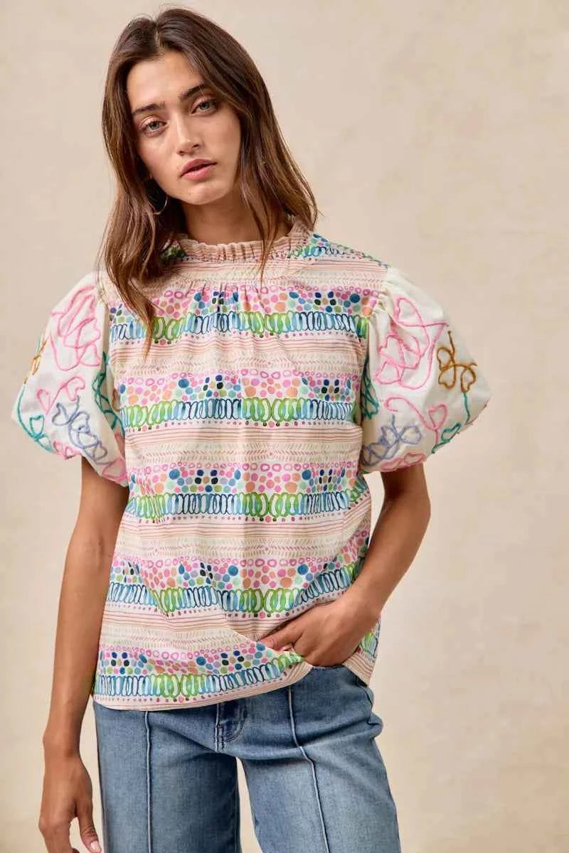 BiBi Ruffle Neckline Blouse With Embroidery Bubble Sleeve 0fdab2de561544bea7c6c52bb9eb08d2-Max-Origin