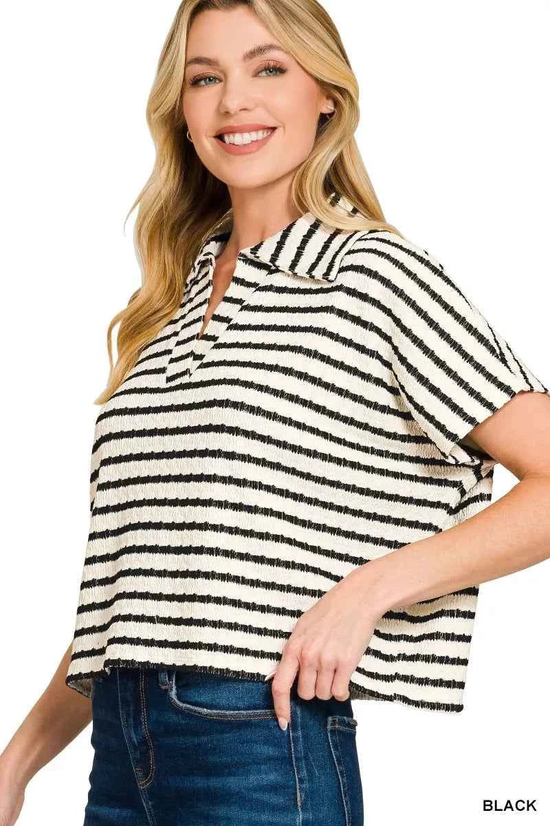 Zenana Striped Split Neck Collared Top 0fdb1468e40a43779389e56f7b42ffd1-Max-Origin