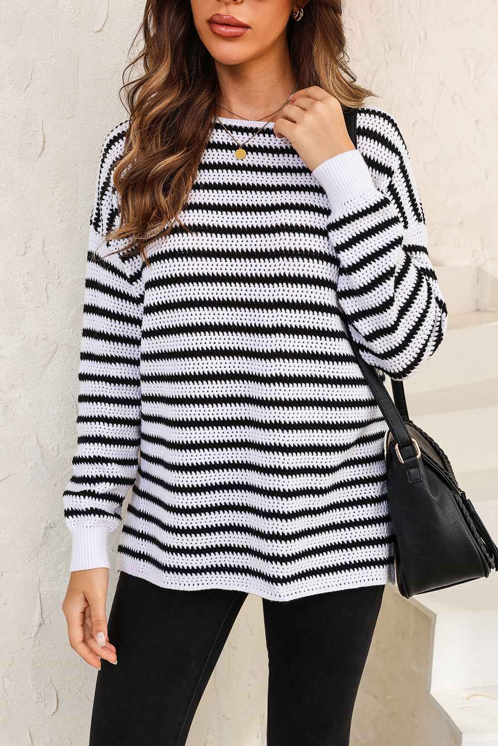 White Striped Knit Split Hem Baggy Sweater 0fe6367f7d3619c7
