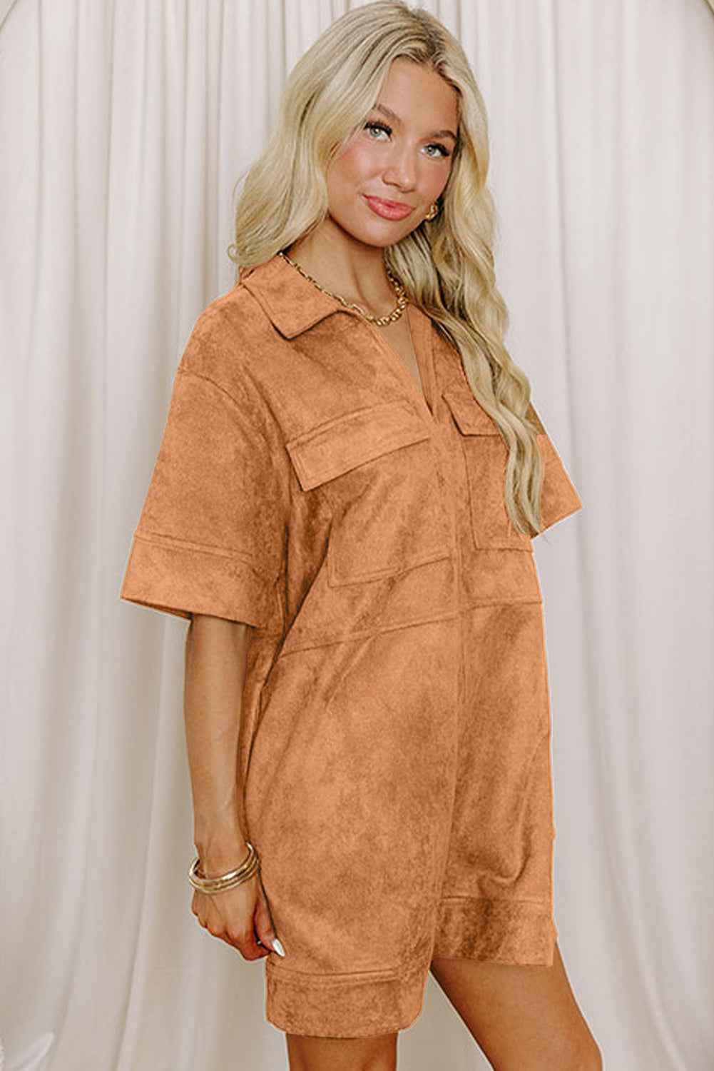 Thai Curry Collared V Neck Faux Suede Short Sleeve Shift Mini Dress 0fe702aa0067b835