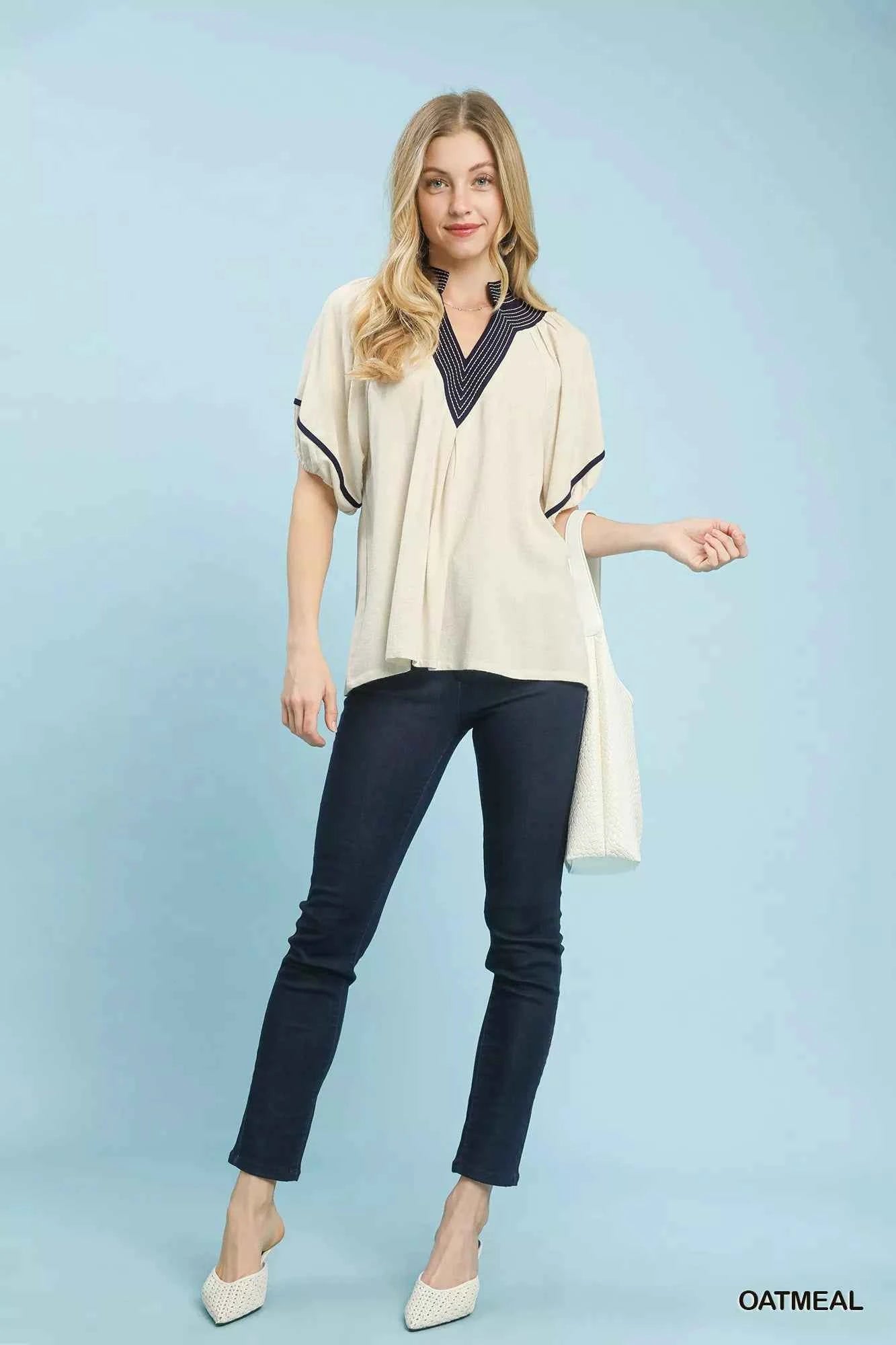 Umgee Linen Puff Sleeve Contrast Trim Top 0fe752ed-6593-4483-b0c7-7474c580983f-Max-Origin