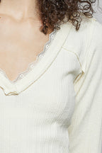 POL V-Neck Long Sleeve Ribbed Top with Lace-Accent Neckband 0feff2b0-3a34-4b15-8523-2d9aacc42b6d-Max