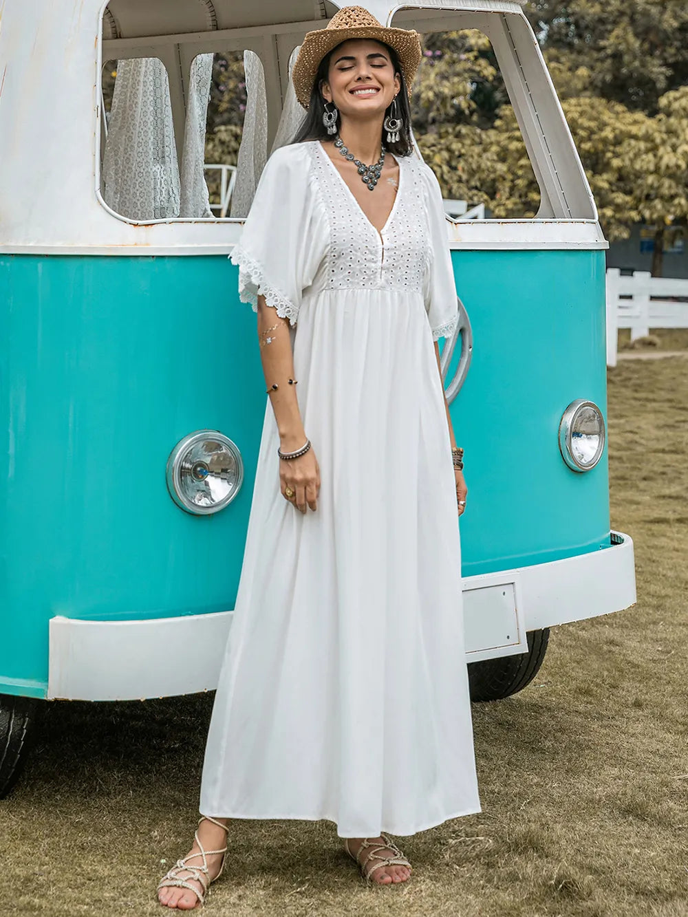 Lace Detail Eyelet V-Neck Half Sleeve Dress 0ff49d75-67ea-433a-855c-e640bcac44ba-Max