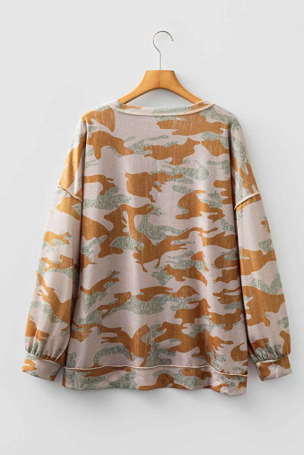 Brown Retro Camouflage Print Exposed Seam Patchwork Drop Shoulder Sweatshirt 0ff4fcc38ad85ce1