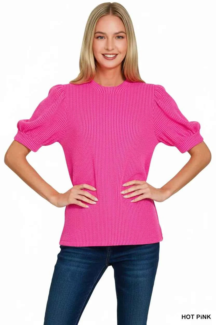Zenana Raised Rib Puff Sleeve Top HOT PINK 0ff622ea-d7ad-4135-aa40-8b48c440780a-Max-Origin